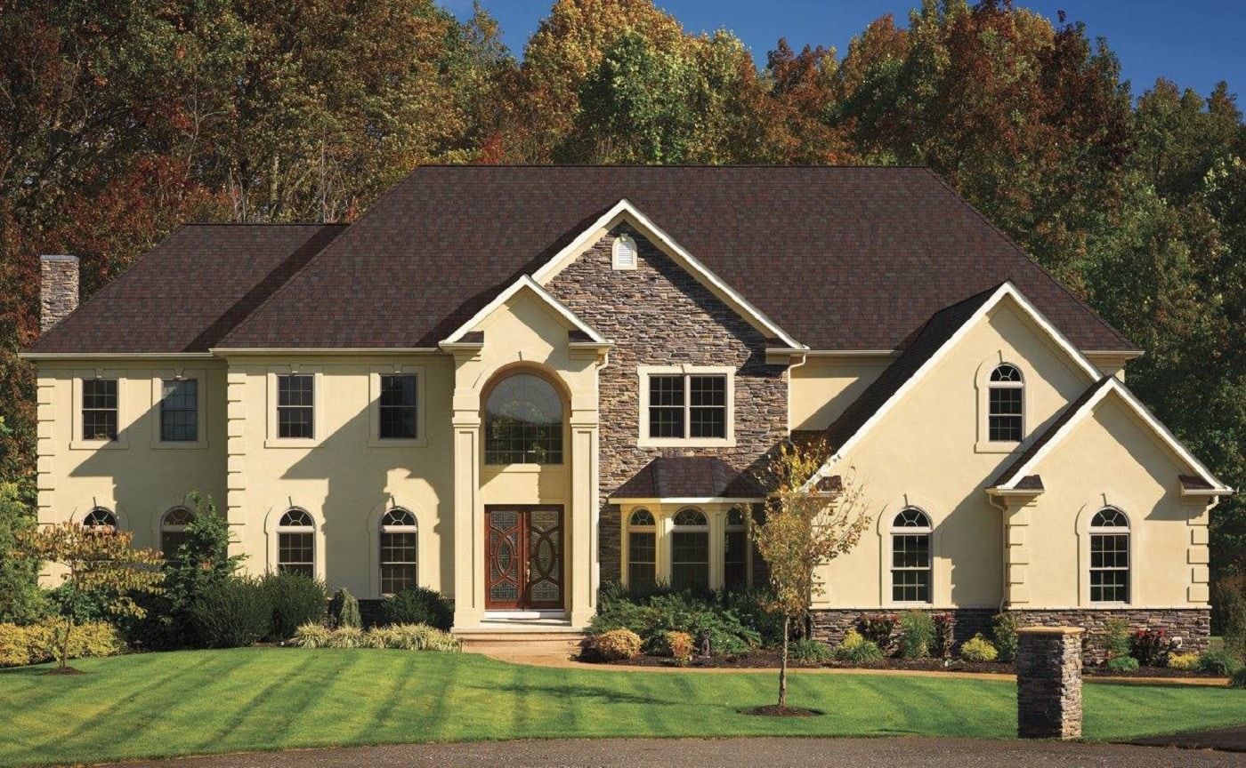 GAF asphalt shingle roof on a home with stucco siding
