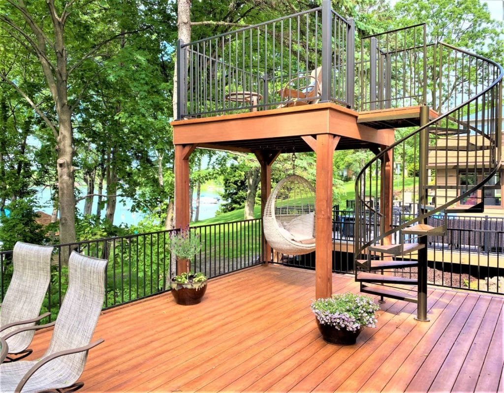 Composite decking project with spiral staircase.