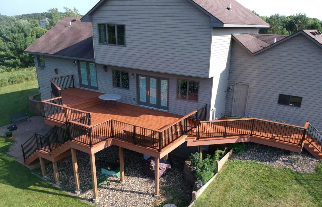 Deck installation with metal deck railing.