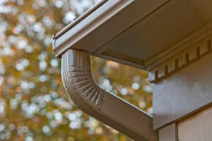 Aluminum LeafGuard® Brand Gutters on the corner of a house.