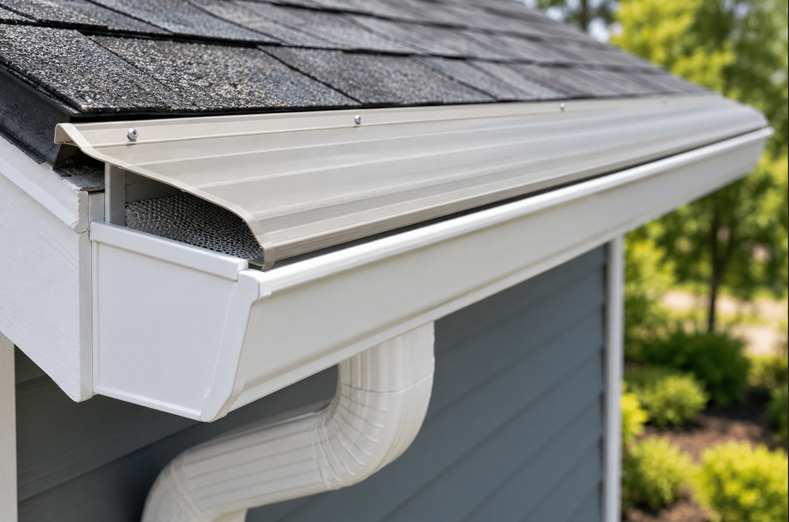 Dark gutter topper installed over a white existing gutter system.