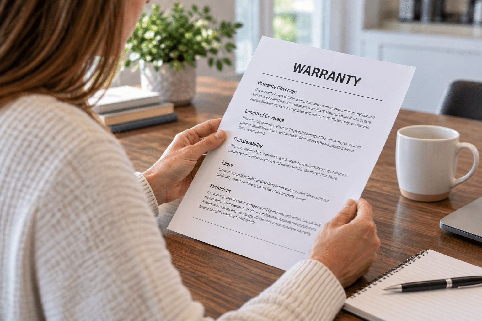 Homeowner reviewing warranty coverage, transferability, labor, and exclusions before making a home improvement decision.